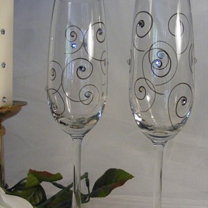 elegant champagne toasting flutes with Swarovski crystal rhinestones this pair is painted and ready to ship as shown image 1