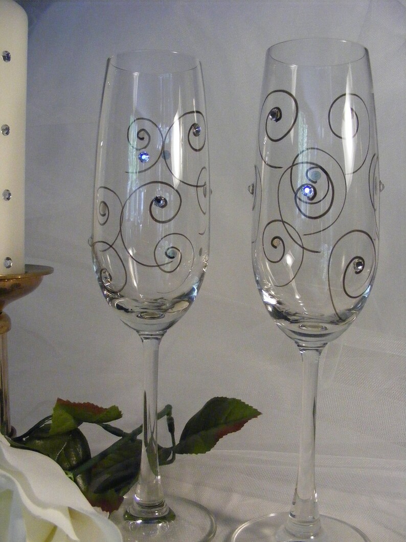 elegant champagne toasting flutes with Swarovski crystal rhinestones this pair is painted and ready to ship as shown image 1