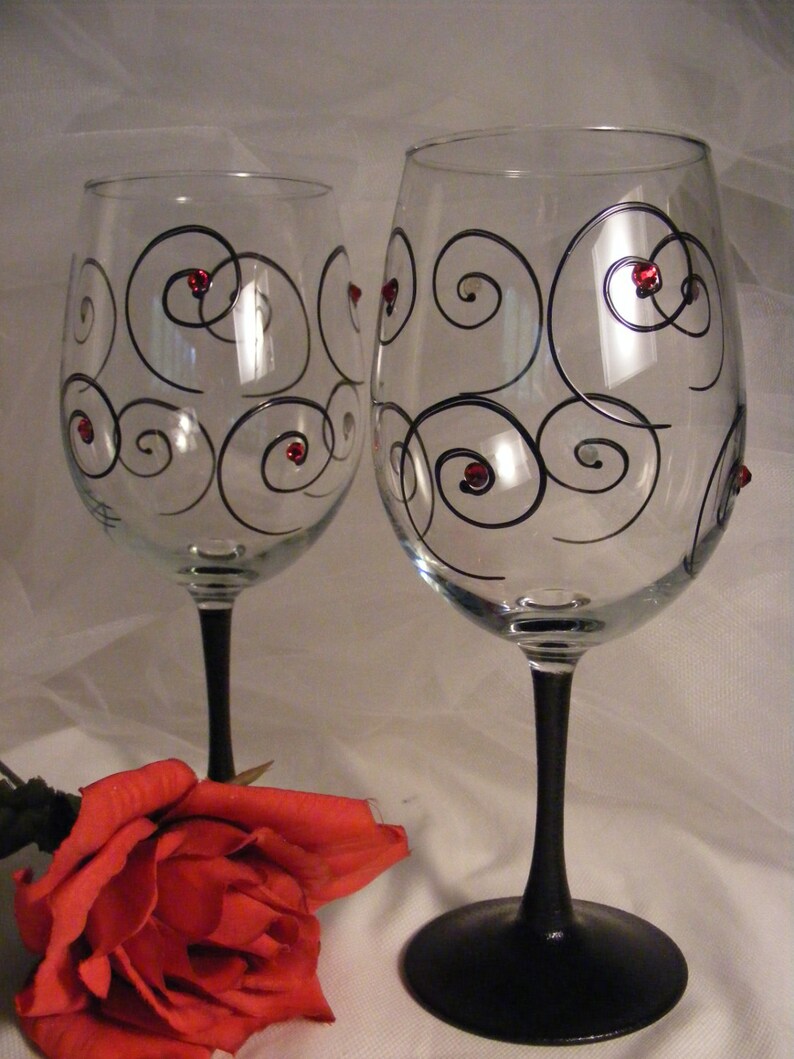 Painted Wine Glasses Black Stem Black Swirls and Swarovski Etsy
