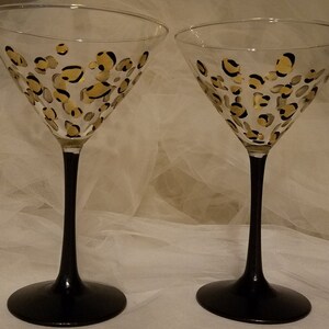 leopard martini glasses with gold and black spots with black stems
