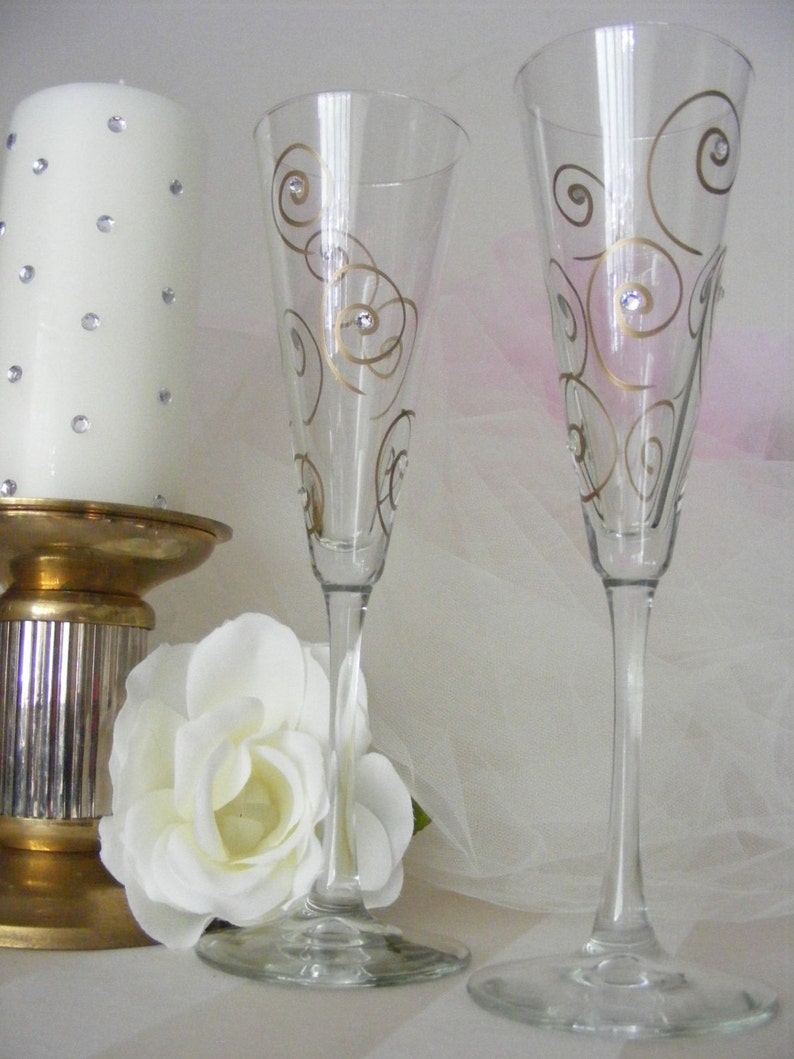 Wedding toasting flutes with gold swirls and Swarovski crystal Etsy