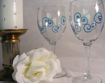 painted wine glasses with aqua teal blue swirls and clear crystals -ready to ship as shown