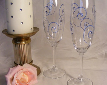 Something Blue! champagne wedding toasting glasses with blue swirls and clear Swarovski crystal rhinestones  ready for shipment