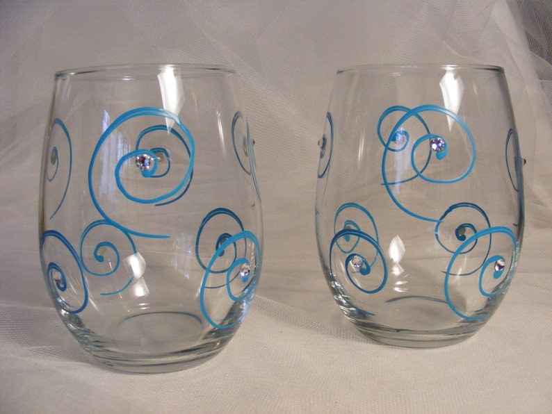 Painted Wine Glasses Stemless With Turquoise Aqua Blue Swirls Etsy