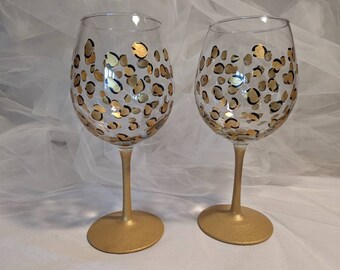 painted gold leopard print wine glasses - large oversize 18oz wine - READY TO SHIP!