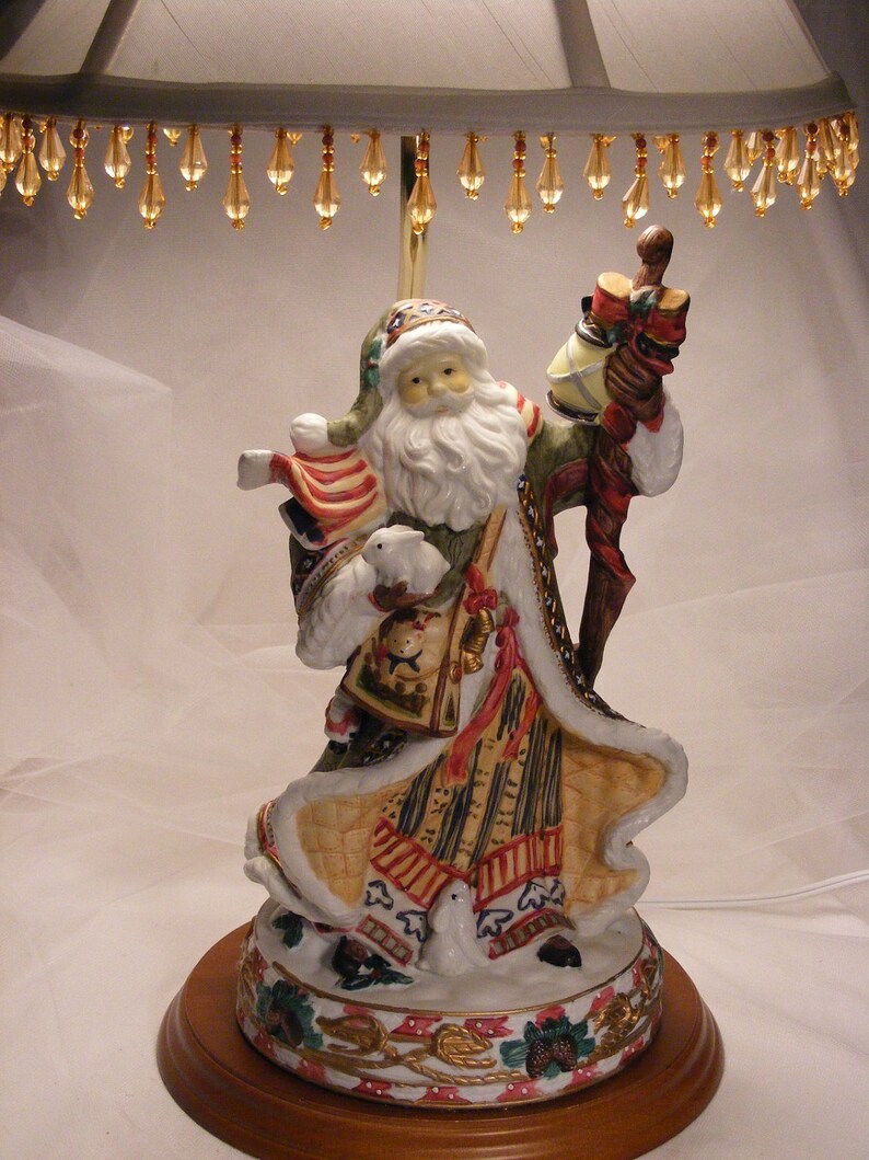 Santa Claus Christmas table lamp with white beaded lampshade Etsy