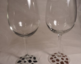 cow print wine glasses - this pair is ready to ship as shown