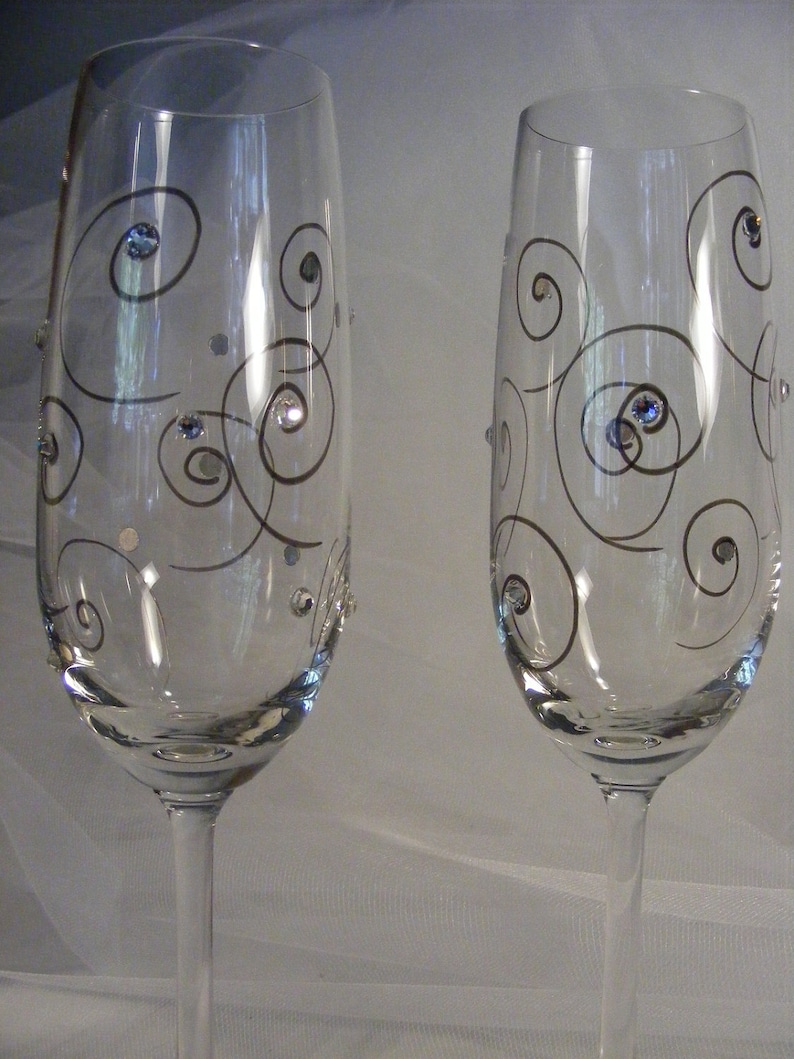 elegant champagne toasting flutes with Swarovski crystal rhinestones this pair is painted and ready to ship as shown image 4
