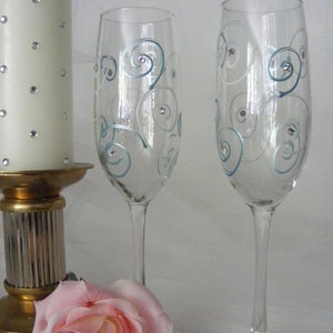 elegant champagne toasting flutes with Swarovski crystal rhinestones this pair is painted and ready to ship as shown image 3