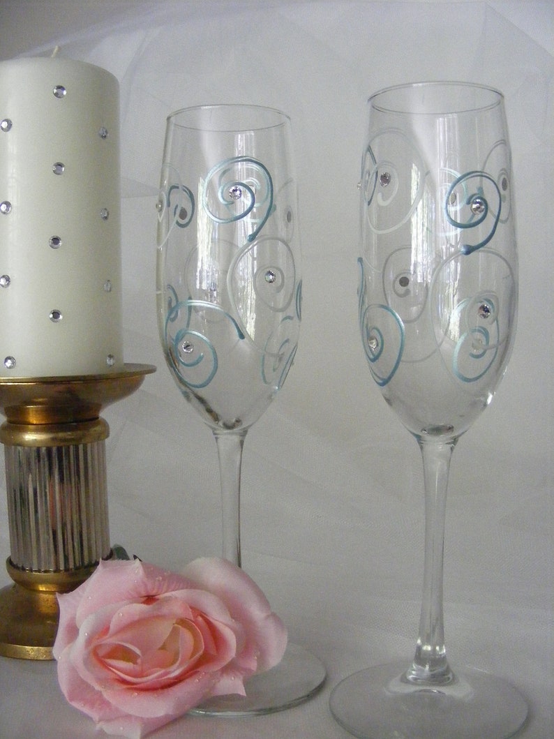 elegant champagne toasting flutes with Swarovski crystal rhinestones this pair is painted and ready to ship as shown image 3
