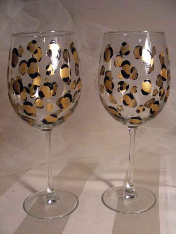 Painted White Wine Glasses in Gold Leopard Print 