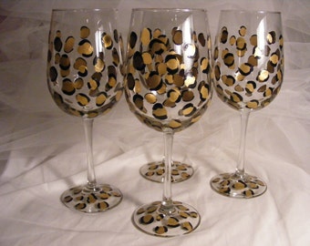 elegant painted wine glasses with gold leopard print design - set of 4  oversize wine glasses