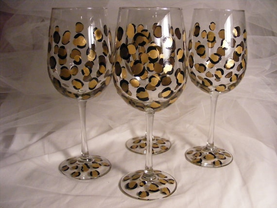 Elegant Painted Wine Glasses With Gold Leopard Print Design Set of 4  Oversize Wine Glasses 