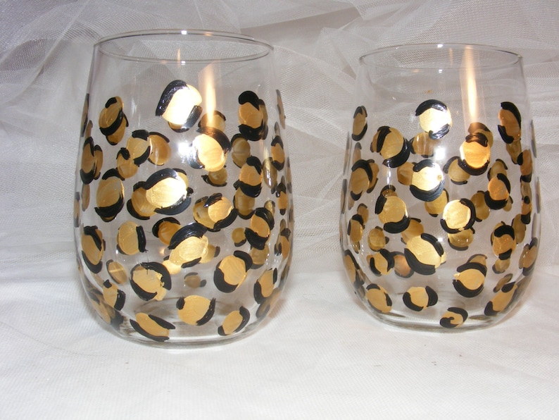 Painted Stemless Wine Glasses in Gold Leopard Etsy