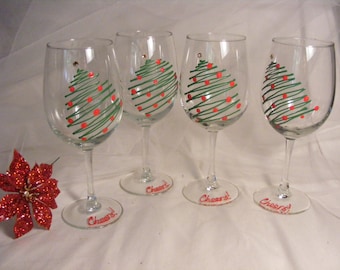 Christmas wine glasses - set of 4 hand painted Christmas tree wine glasses stemmed or stemless