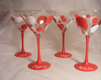 Christmas holiday martini glasses with red stem - hand painted in the colors of your choice - can be made on wine glasses