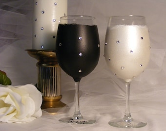 bride and groom Mr. and Mrs. wine glasses - black and white with Swarovski crystals