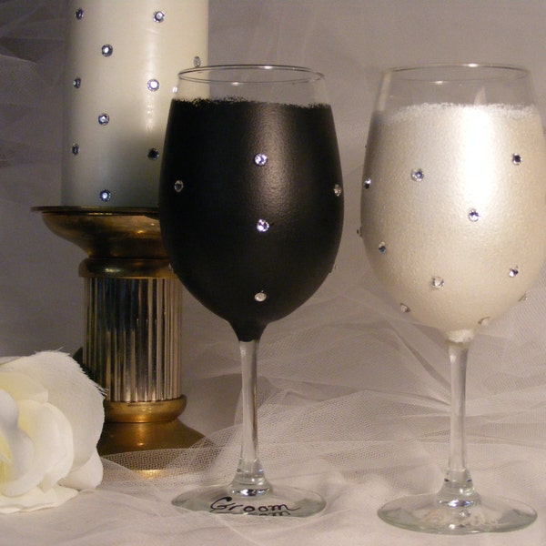 bride and groom Mr. and Mrs. wine glasses - black and white with Swarovski crystals