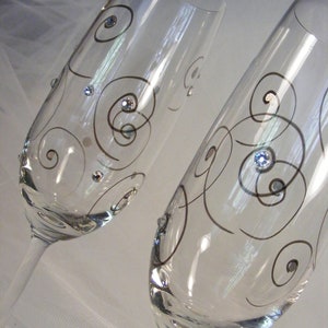 elegant champagne toasting flutes with Swarovski crystal rhinestones this pair is painted and ready to ship as shown image 5