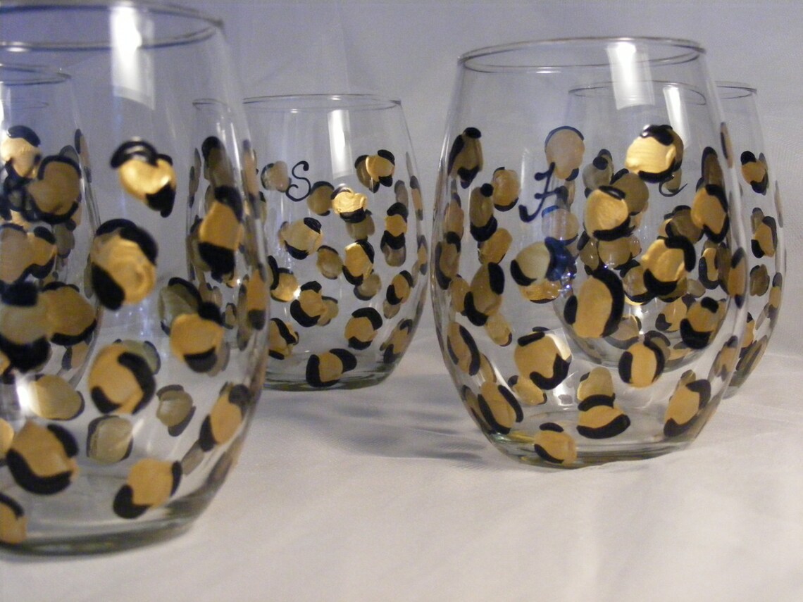Painted Leopard Print Stemless Wine Glasses Set of 4 Etsy