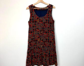 Vintage Handmade Corduroy Dress • 1960s Paisley Plaid Drop Waist