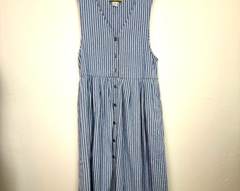 Vintage DENIM Pinafore • 1990s Women Clothing • 100% Cotton • Light Blue Jean Stripe Sleeveless Apron Dress Pockets Midi Maxi • Medium Large