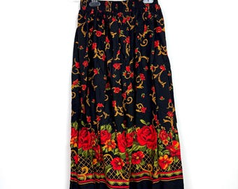 Vintage MADE IN USA Skirt • 1990s Women Clothing • Long Midi Maxi Red Floral Skirt Elastic Waist Black Gold Ornate Granny Print • Size Small