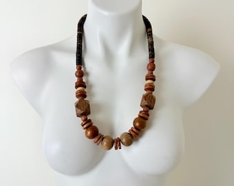 Vintage WOODEN Necklace • 1980s Jewelry • Unique Natural Wood Bead Beaded Necklace • Oversized Large Beads Long Drop Coastal Style 1970s