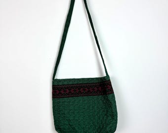 Vintage QUILTED Bag • 1990s Accessories • Green Cotton Shoulder Bag • Handmade Purse • Coastal Grandma Cottagecore