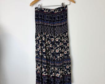 Vintage Paisley Floral Skirt • 90s Tiered Rayon Midi, Made in USA