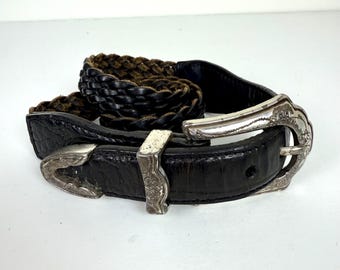 Vintage WESTERN Belt • 1990s Fashion Accessories • Classic Country Braided Black Leather Silver Buckle Cowgirl Small Medium Brighton