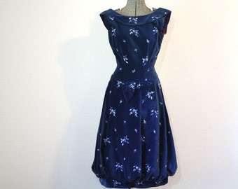 Vintage BLUE VELVET Dress • 1950s Clothing • Embroidered Bubble Hem Prom Dress Boatneck Scoop Back Cocktail Formal • Women Small Medium 4 6