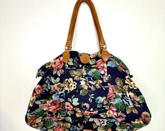 Vintage 1990s Blue Floral Duffel Bag Carpetbags of America Weekender Overnight Bag Large Print Navy Rose Oversize Faux Leather Handles