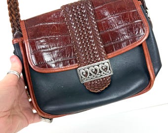 Vintage BRIGHTON Bag • 1990s Purse • Brown Black Contrast Leather Crossbody Handbag • Silver Hardware Braided Leather Unique Western
