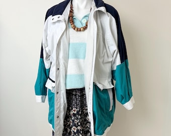 Vintage 90s Colorblock Jacket • Oversized Zip Up, Teal Blue, White, Large
