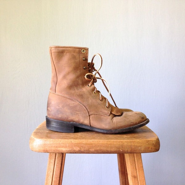 Vintage JUSTIN Boots • 1990s Shoes • Brown Leather Lace Up Ankle With Fringe Pioneer Combat Victorian Style Latch Booties • Women Size 6 5 7
