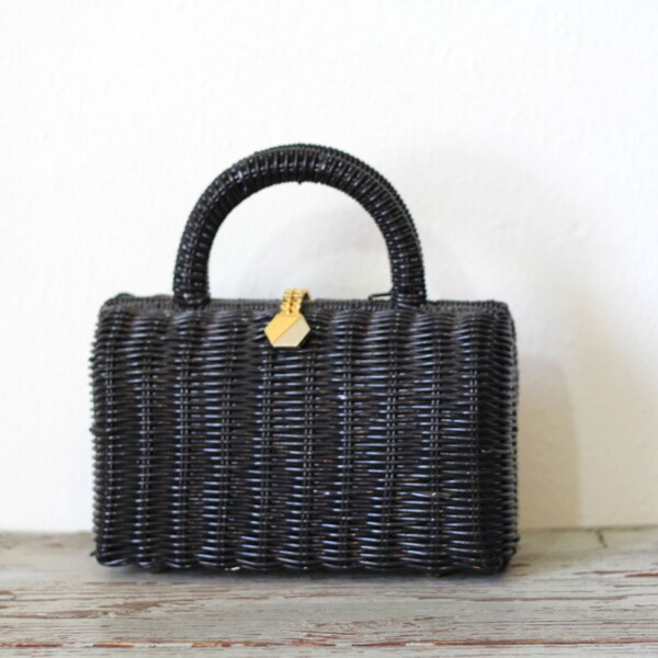 Vintage LETITIA Purse / 1990s Accessories / Top Handle Handbag / Woven Structured Box Bag Convertible Clutch / Round Black Straw Crossbody