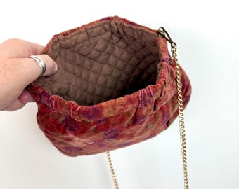 Vintage VELVET Clutch • 1970s Orange Purse • Unique Floral Print Hinged Shoulder Bag Detachable Chain Strap • 