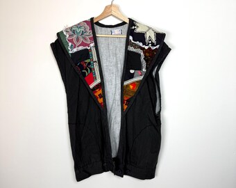 Vintage Handmade Patchwork Vest • 1980s Quilted Denim Sleeveless Coat