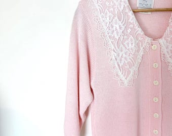 Vintage 80s Pink Tunic Sweater • Lace Collar Knit Cardigan, S-M