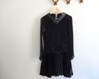 Vintage BOB BUGNAND Dress • 1960s Clothing • Designer Crushed Velvet Mod Mini Long Sleeve Drop Waist Short Skirt Beaded Black • Women Small