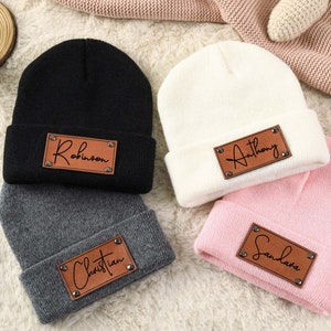 Custom Baby Beanie, Personalized Knitted Hats, Engraved Leather Patch Beanies, Newborn Baby Gift, Baby Shower Gift, Kid Beanie Hat