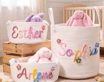 Cesta de regalo personalizada para bebé, cesta con nombre personalizado, cesta de cuerda de algodón, regalo para baby shower, regalo para recién nacido, regalo para guardería, organizador de juguetes.