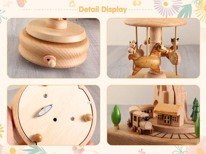 May include: A wooden carousel music box with a hand-crank winding mechanism. The carousel features a horse, a train, and a tree. The music box is made of light wood and has a natural finish.