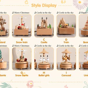 May include: A display of ten different wooden music boxes with various themes, including a carousel, a castle, a train, a snow train, a Christmas tree, a unicorn, a ballet dancer, a bear cake, a ferris wheel, and a snow train. Each music box has a different design and features a small, rotating figurine.