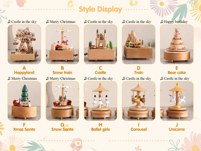 May include: A display of ten different wooden music boxes with various themes, including a carousel, a castle, a train, a snow train, a Christmas tree, a unicorn, a ballet dancer, a bear cake, a ferris wheel, and a snow train. Each music box has a different design and features a small, rotating figurine.