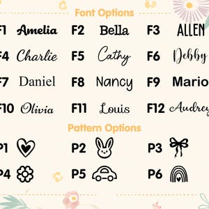 May include: A chart with font and pattern options for personalized items. The font options include Amelia, Bella, ALLEN, Charlie, Cathy, Debby, Daniel, Nancy, Mario, Olivia, Louis, and Audrey. The pattern options include a heart, a bunny, a bow, a flower, a car, and a rainbow.