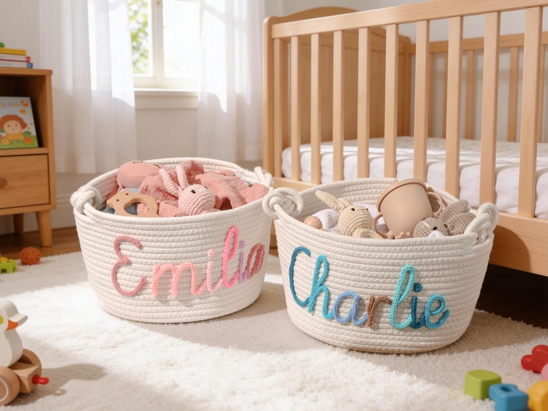 Personalized Baby Basket, Custom Baby Gift Basket, Baby Shower Gift, Newborn Gift, Rope Cotton Baby Basket,Custom Toy Organizer,Nursery Gift image 2