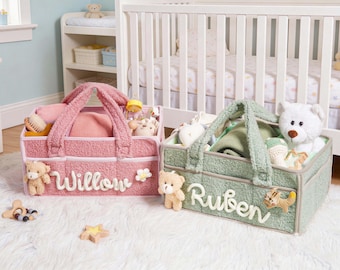Gepersonaliseerde pluche baby-organizermand, opbergmand met partities, aangepaste naam luiercaddy, organisator kinderkamer, welkomstcadeau pasgeborene