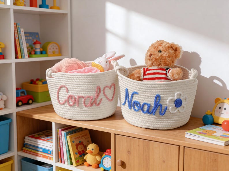 Personalized Baby Basket, Custom Baby Gift Basket, Baby Shower Gift, Newborn Gift, Rope Cotton Baby Basket,Custom Toy Organizer,Nursery Gift image 3